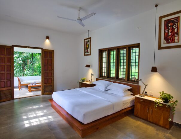Immerse yourself in the grandeur of the cottage interior at Softouch Ayurveda Village in Kerala. Luxurious furnishings, elegant decor, and a serene ambiance create a perfect retreat for relaxation and rejuvenation. Experience the epitome of luxury at the grand cottage of Softouch Ayurveda Village Kerala.