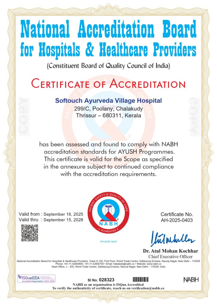 NABH-accredited Ayurveda resort in Kerala – Softouch Ayurveda Village certified for quality healthcare.
